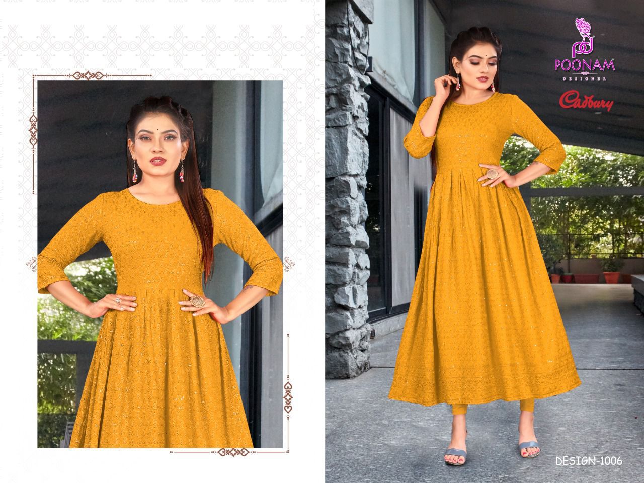 Poonam Gown Cadbury Rayon Lucknowi Ethnic Wear Fancy Anarklai Kurti Collection